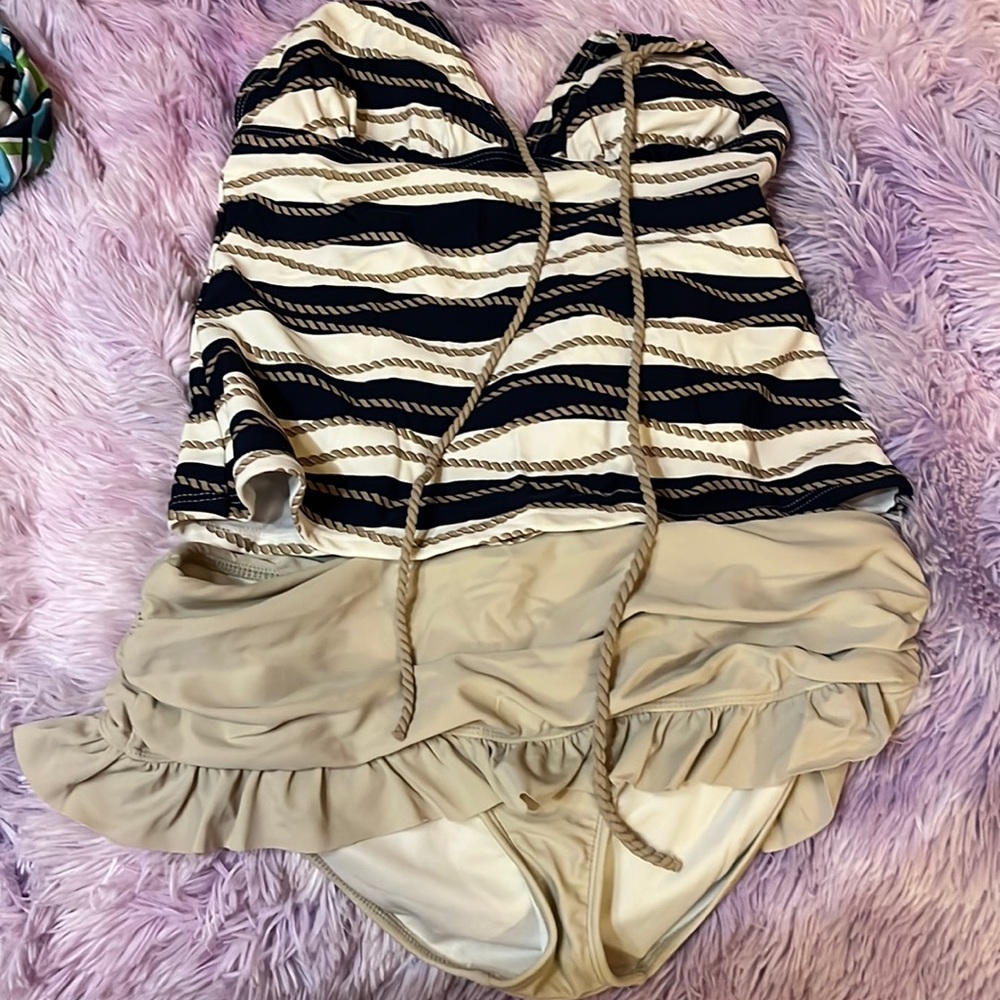 Womens tankini swimsuit two piece pirate style tie neck flounce bottom